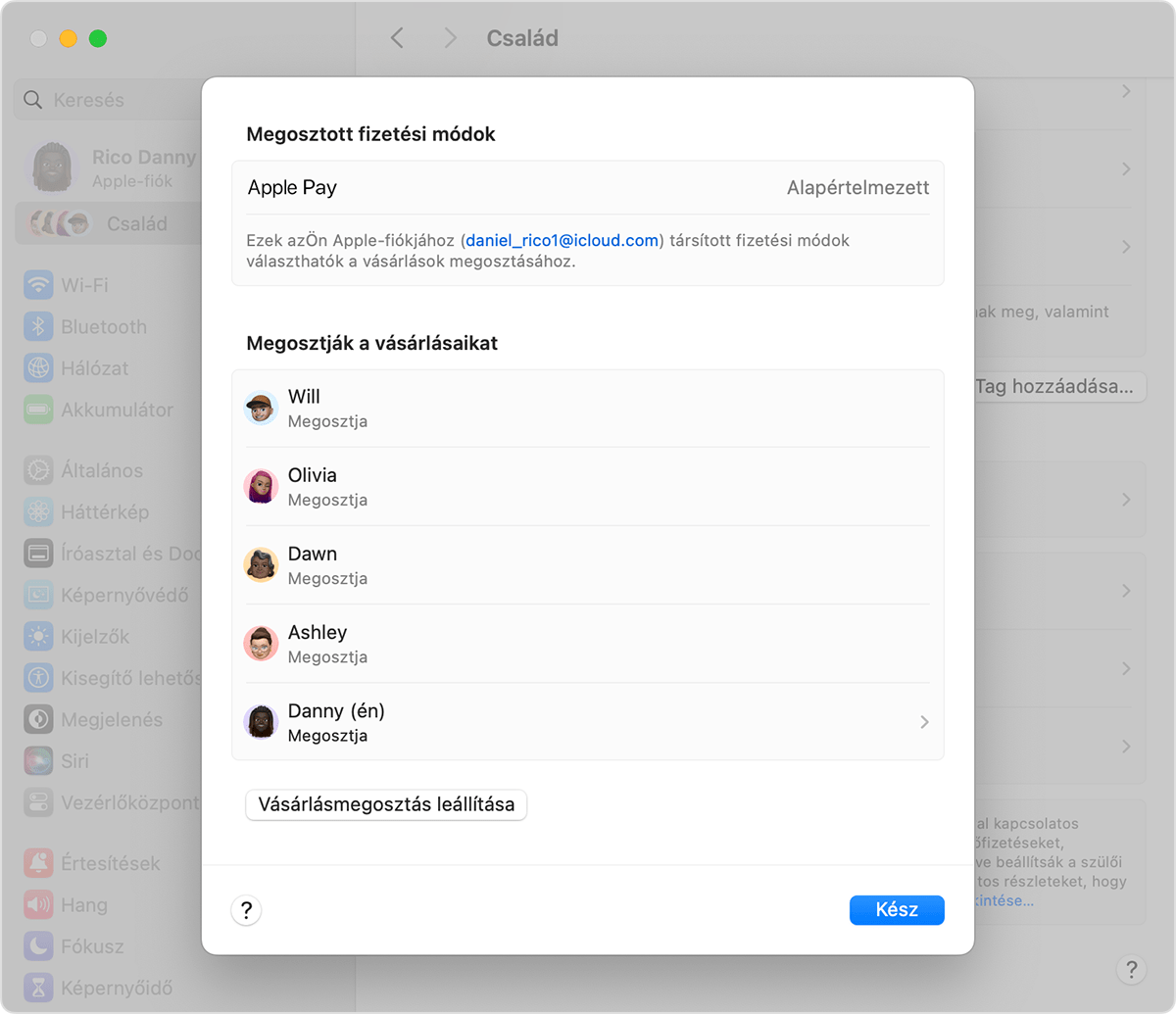 Egy Mac, amelyen a Vásárlások megosztása funkcióhoz elérhető megosztott fizetési módok láthatók.