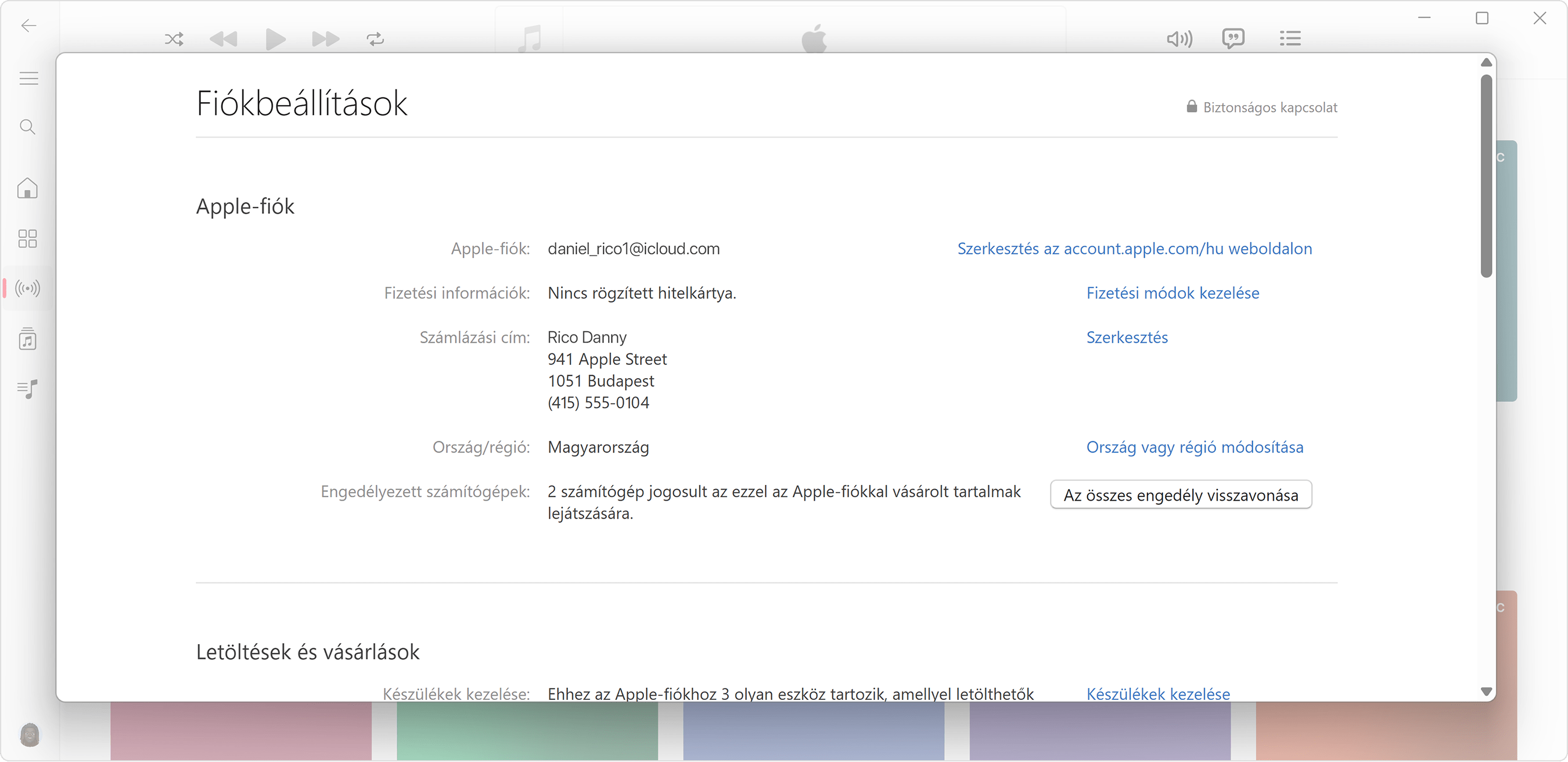 Az Apple Music alkalmazás egy Windows PC-n, amelyen a Fiókadatok oldal látható, és az, hogy hány számítógép van feljogosítva