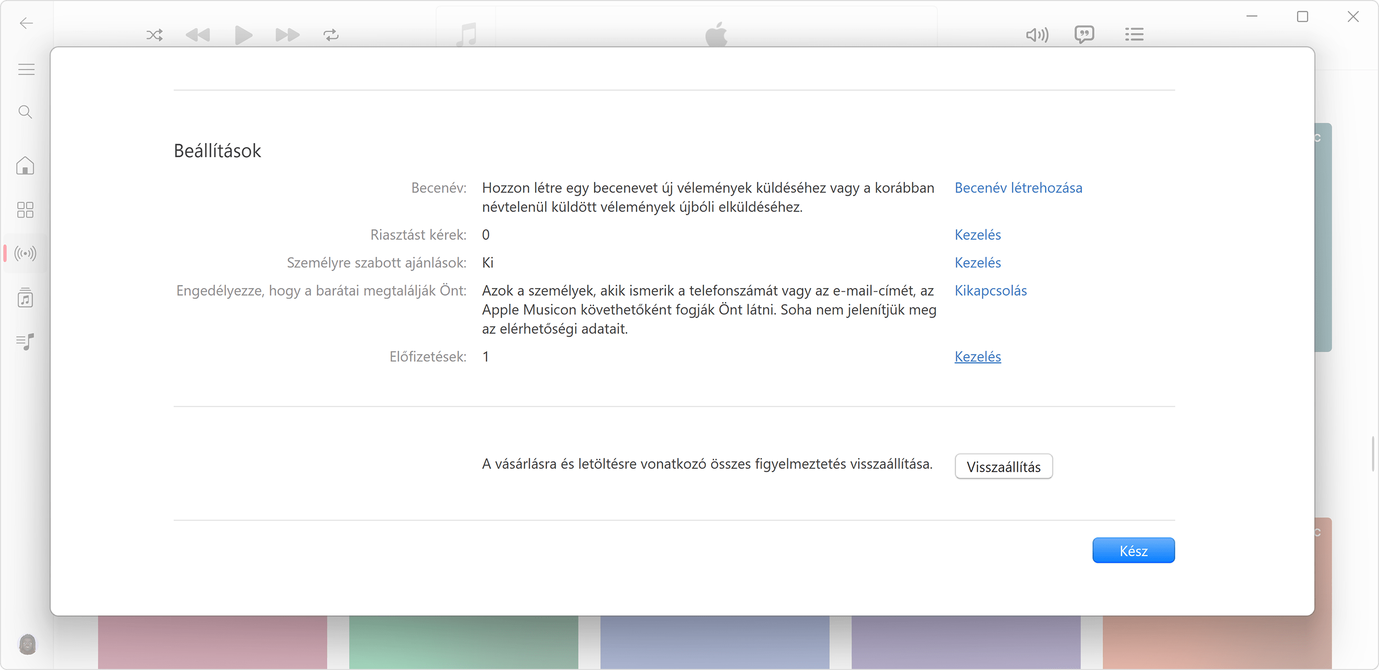 Az Apple-fiók beállításai az Apple Music app Windows-verziójában.