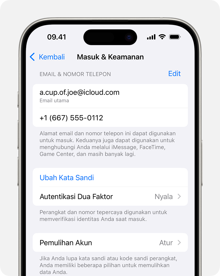 Pada pengaturan Akun Apple, temukan alamat email dan nomor telepon yang dapat digunakan untuk masuk ke Akun Apple