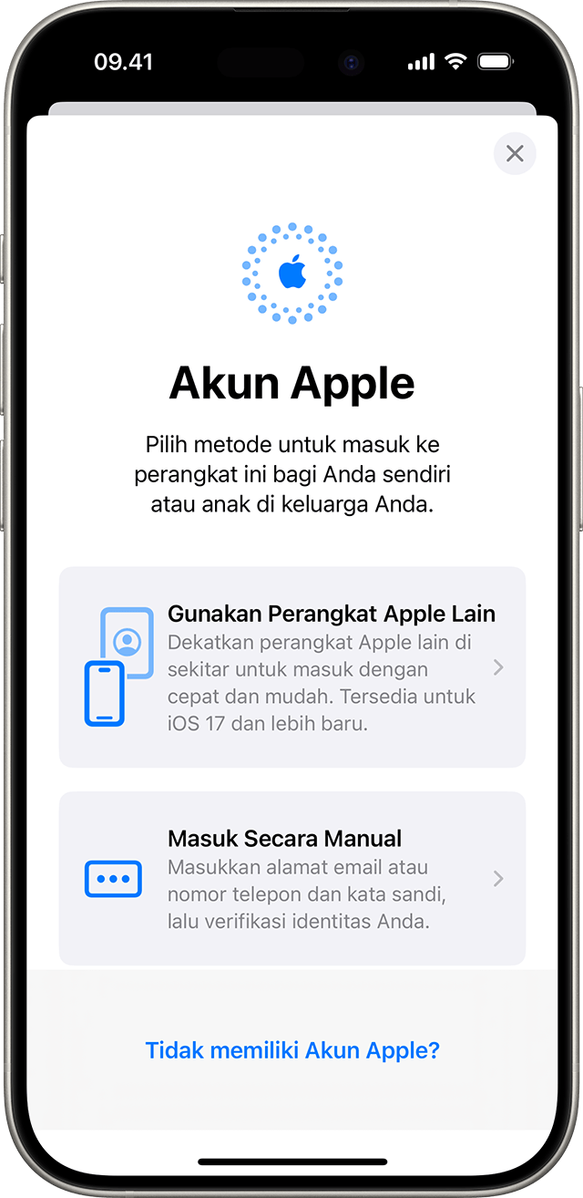 Di pengaturan iPhone, Anda dapat masuk secara manual dengan Akun Apple Anda atau menggunakan perangkat Apple lain.