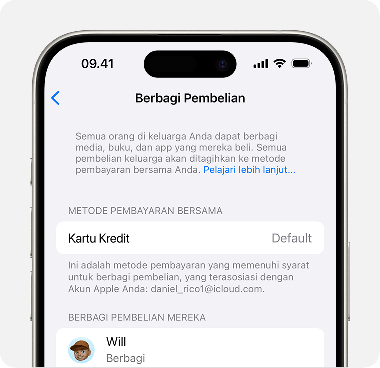 Layar iPhone yang menampilkan metode pembayaran untuk Berbagi Pembelian.