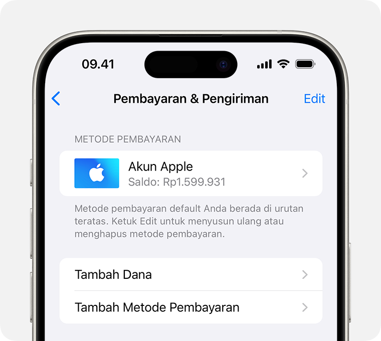 Layar iPhone yang menampilkan pengaturan Pembayaran & Pengiriman untuk Akun Apple. Untuk menambahkan metode pembayaran, ketuk Tambah Metode Pembayaran.