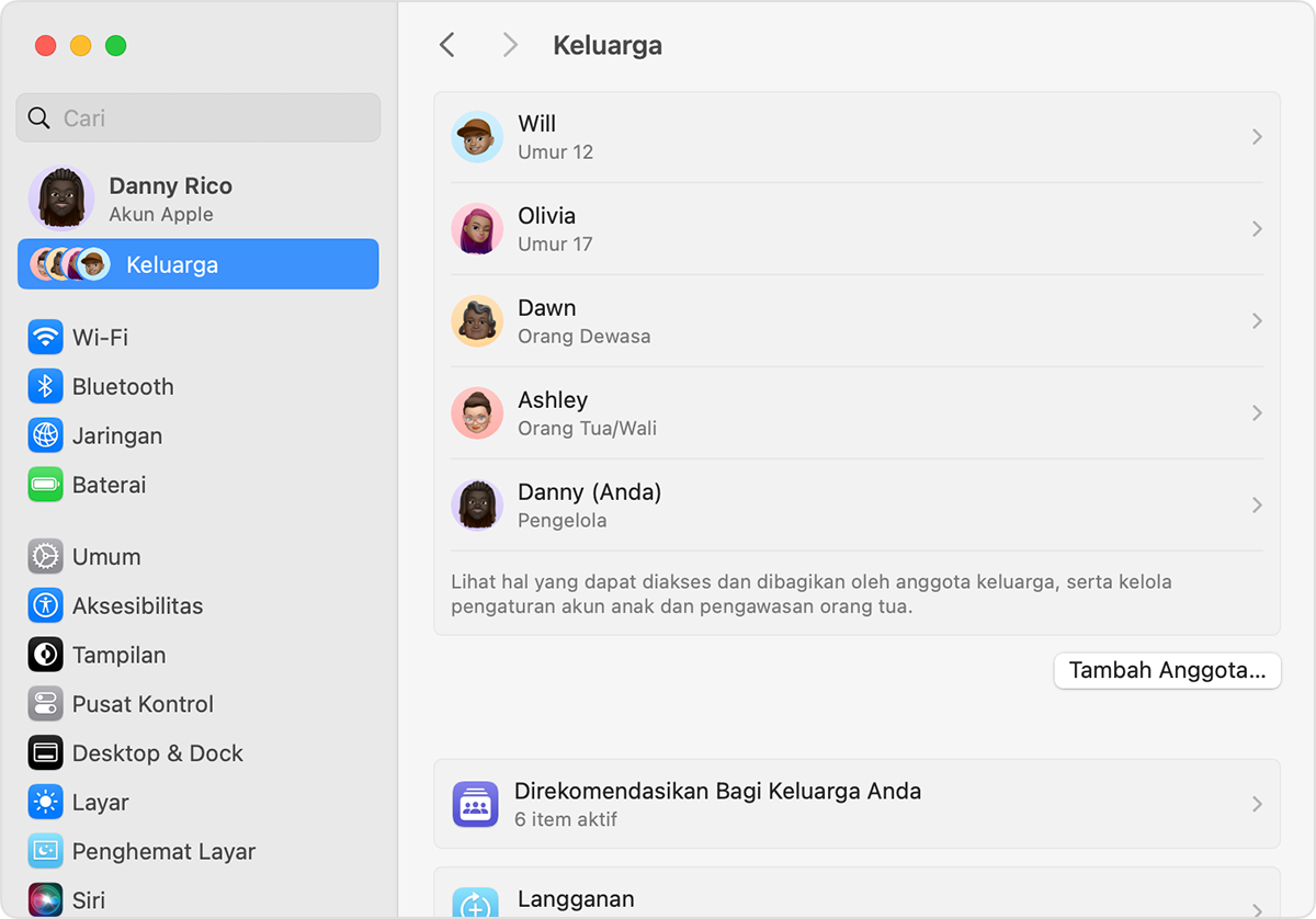 Layar macOS yang menampilkan langkah-langkah untuk menambahkan anggota ke Grup Keluarga Berbagi.