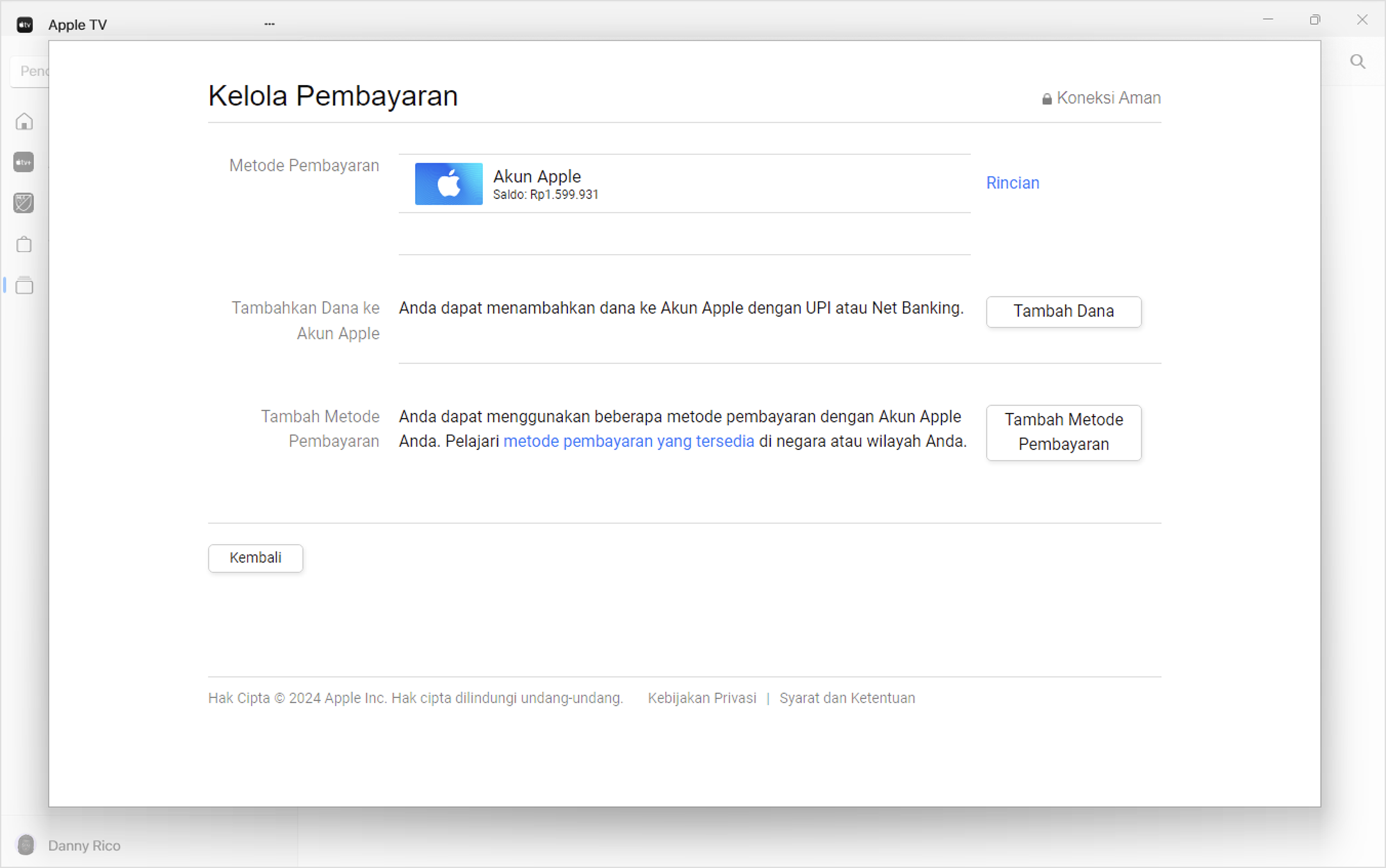 Layar Windows yang menampilkan pengaturan Kelola Pembayaran di app Apple Music. Untuk menambahkan metode pembayaran, Klik Tambah Pembayaran.