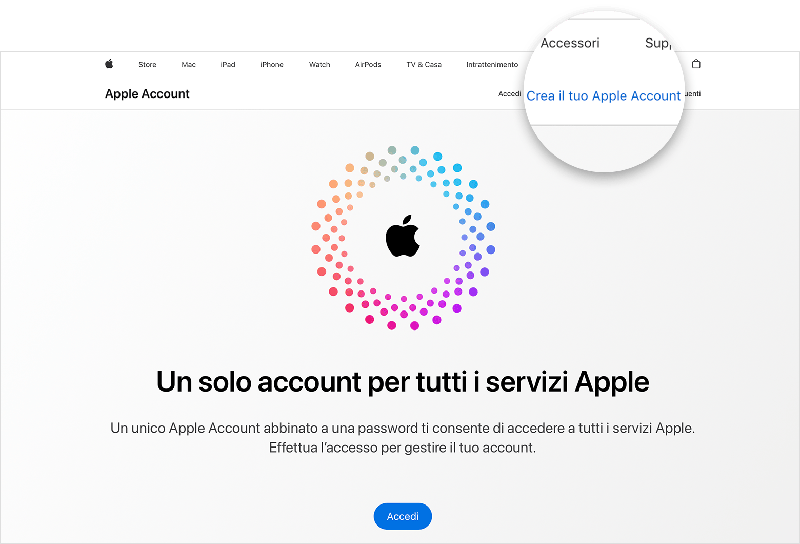 Schermata di internet che mostra il link alla pagina Crea il tuo Apple Account