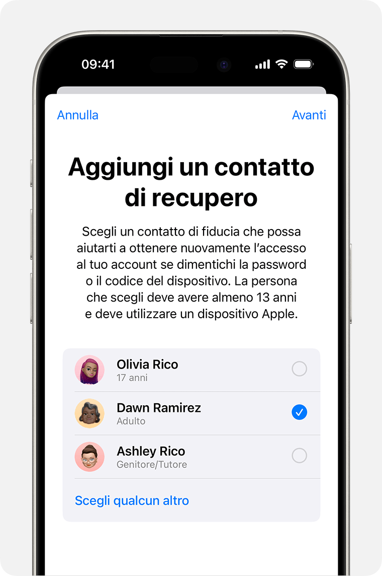 iPhone che mostra i contatti che puoi aggiungere come contatto di recupero