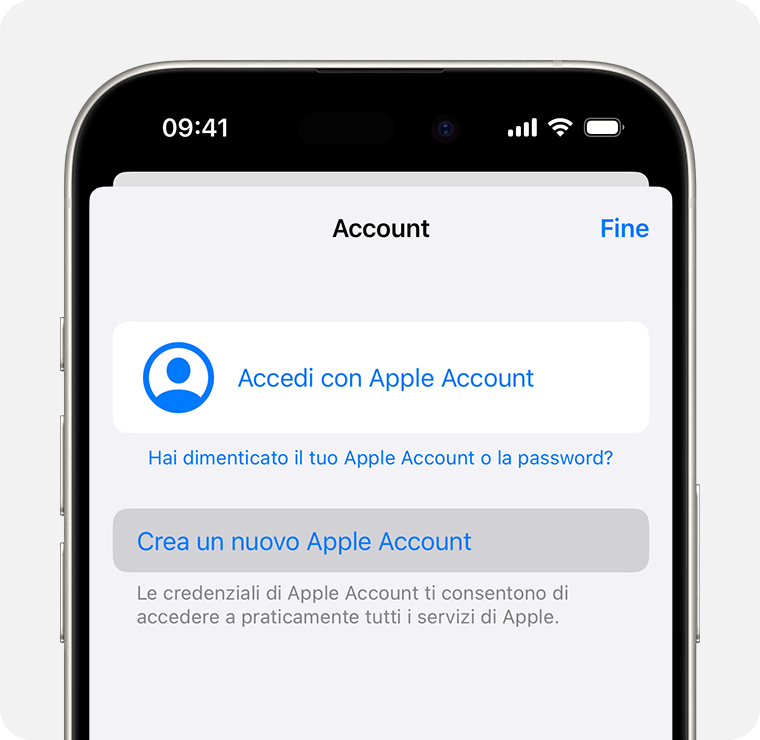 Schermata iPhone che mostra l'opzione per creare un nuovo Apple Account