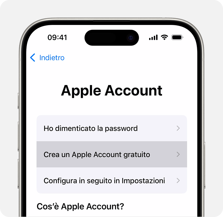 Schermata di iPhone che mostra l'opzione per selezionare Crea un Apple Account gratuito