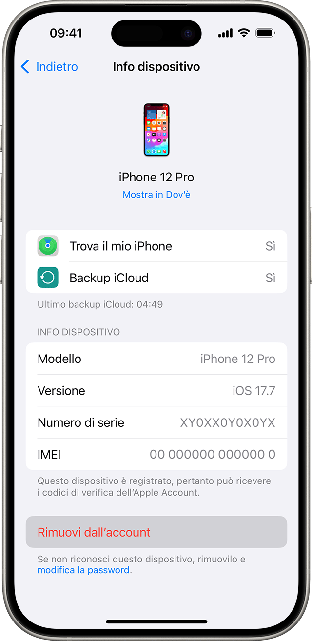 iPhone che mostra il pulsante Rimuovi dall'account per un dispositivo