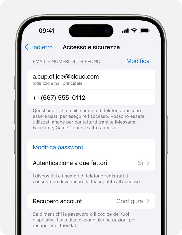 Nelle impostazioni dell'Apple Account, trova gli indirizzi email e i numeri di telefono da utilizzare per accedere al tuo Apple Account