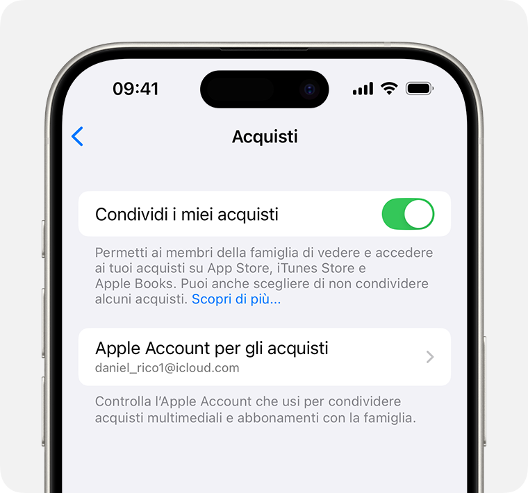 Schermata di iPhone che mostra come attivare la condivisione degli acquisti.