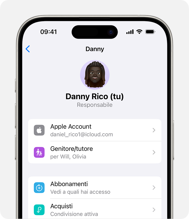 Schermata di iPhone che mostra un Apple Account per una persona responsabile della famiglia.