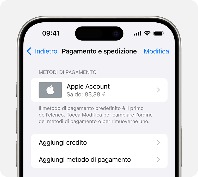 Una schermata di iPhone che mostra le impostazioni di pagamento e spedizione per il tuo Apple Account. Per aggiungere un metodo di pagamento, tocca Aggiungi un metodo di pagamento.