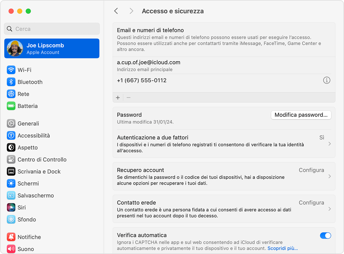 Nelle impostazioni dell'Apple Account sul Mac, trova gli indirizzi email e i numeri di telefono da utilizzare per accedere al tuo Apple Account