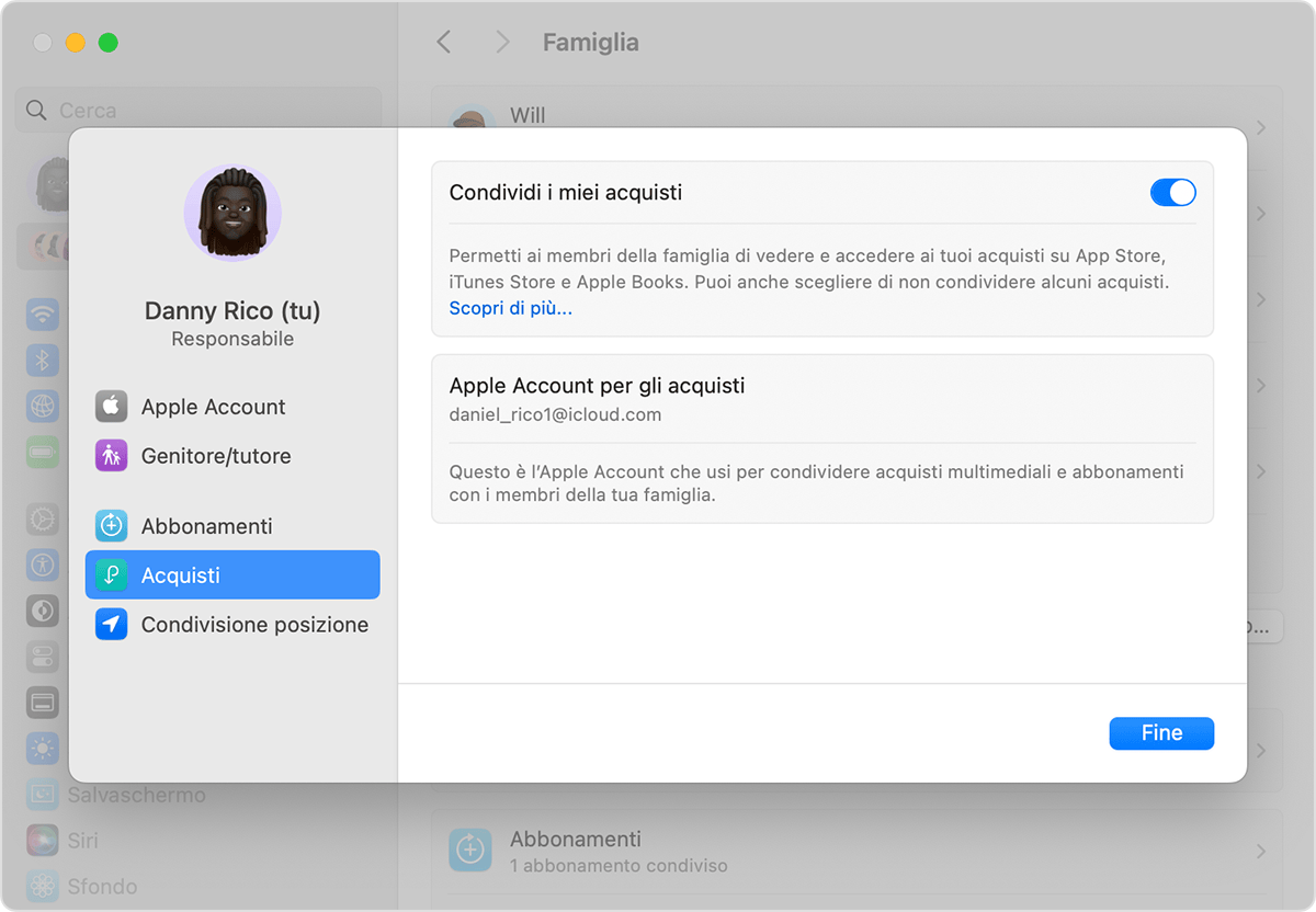 Schermata di Mac che mostra come attivare la condivisione degli acquisti.