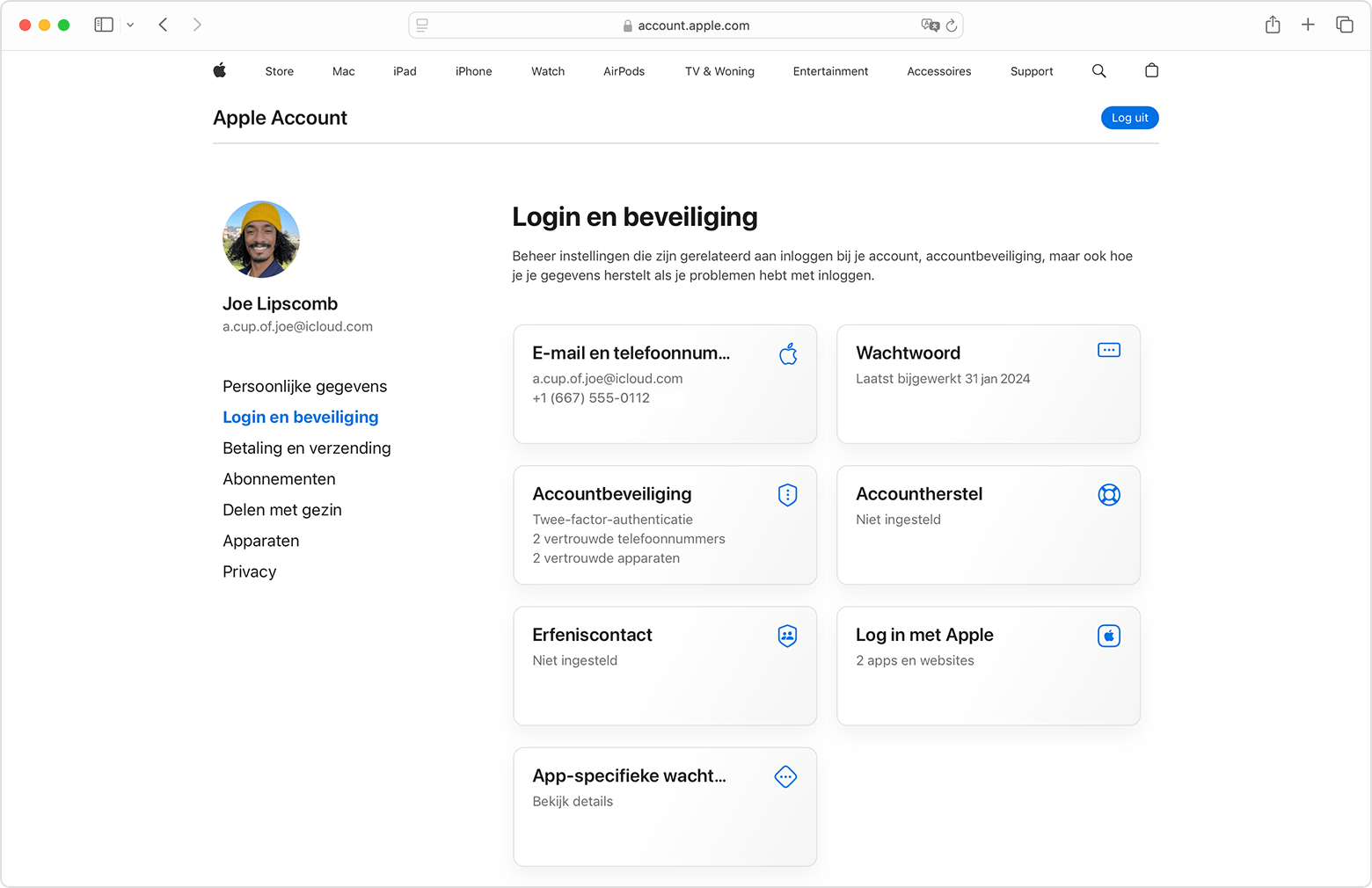 Apple Account-pagina op het internet met het gedeelte 'Login en beveiliging'