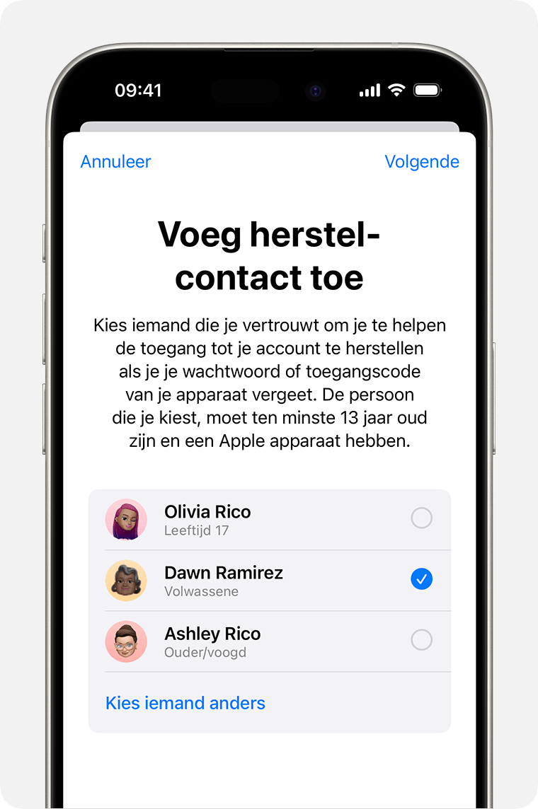 iPhone met contacten die je kunt toevoegen als herstelcontact