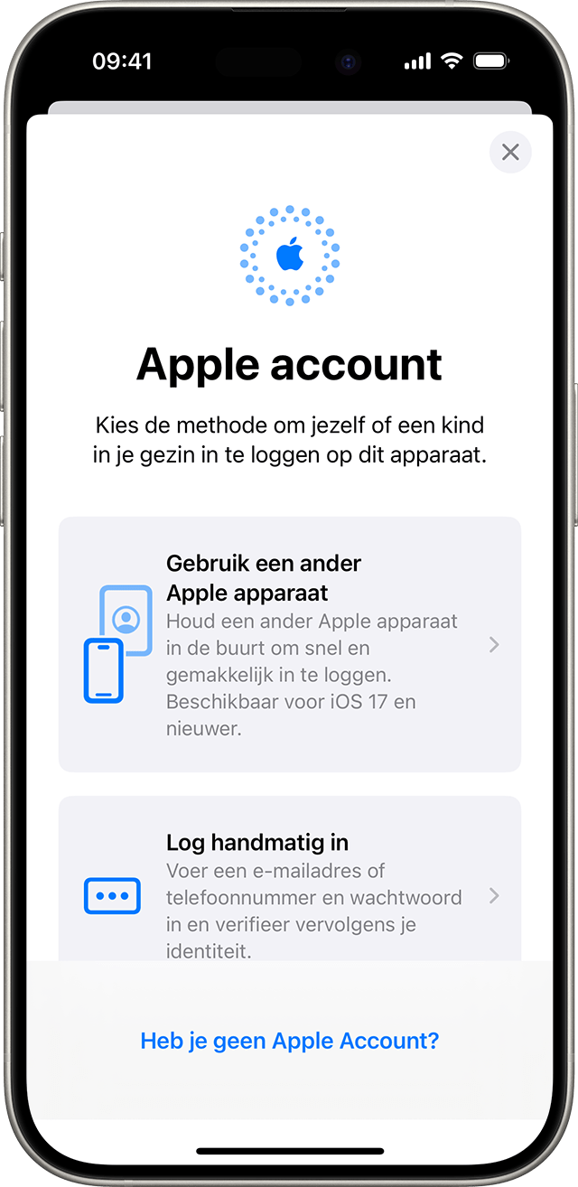 je kunt in de instellingen van de iPhone handmatig inloggen met je Apple Account of een ander Apple apparaat gebruiken.