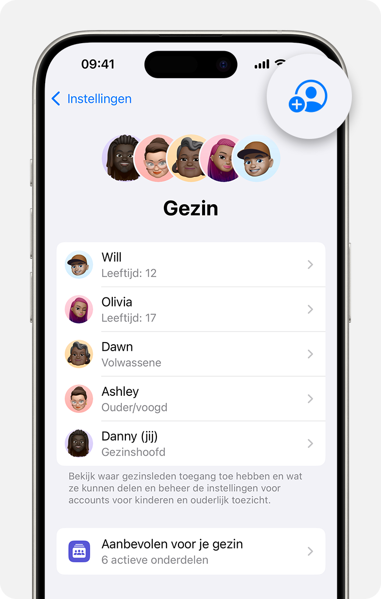 iPhone-scherm met de stappen voor het toevoegen van een gezinslid aan je 'Delen met gezin'-groep.