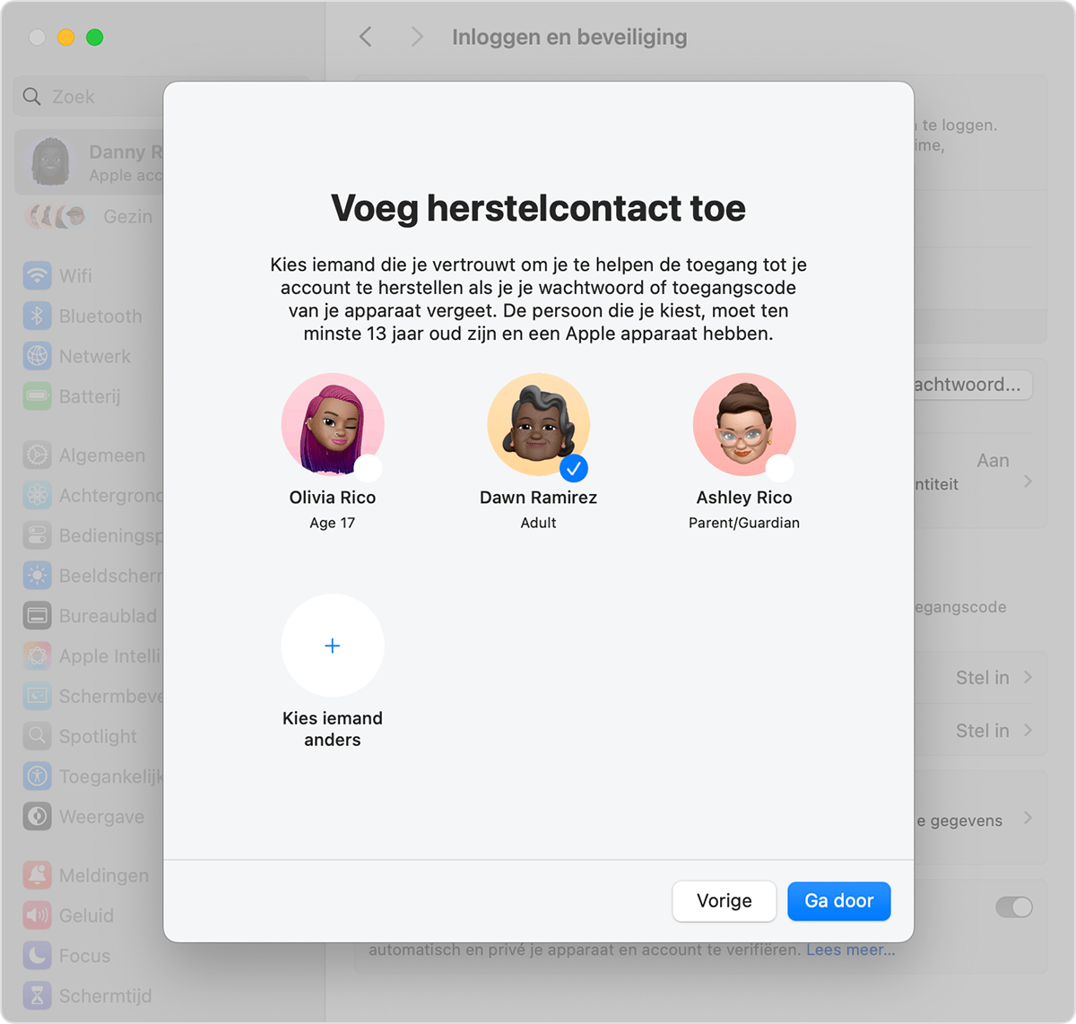 Mac met contacten die je kunt toevoegen als herstelcontact