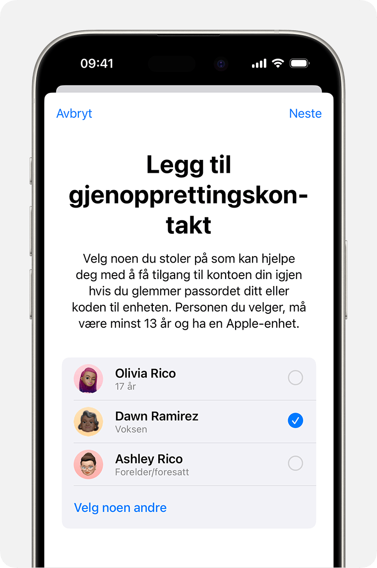 iPhone som viser kontakter du kan legge til som gjenopprettingskontakt