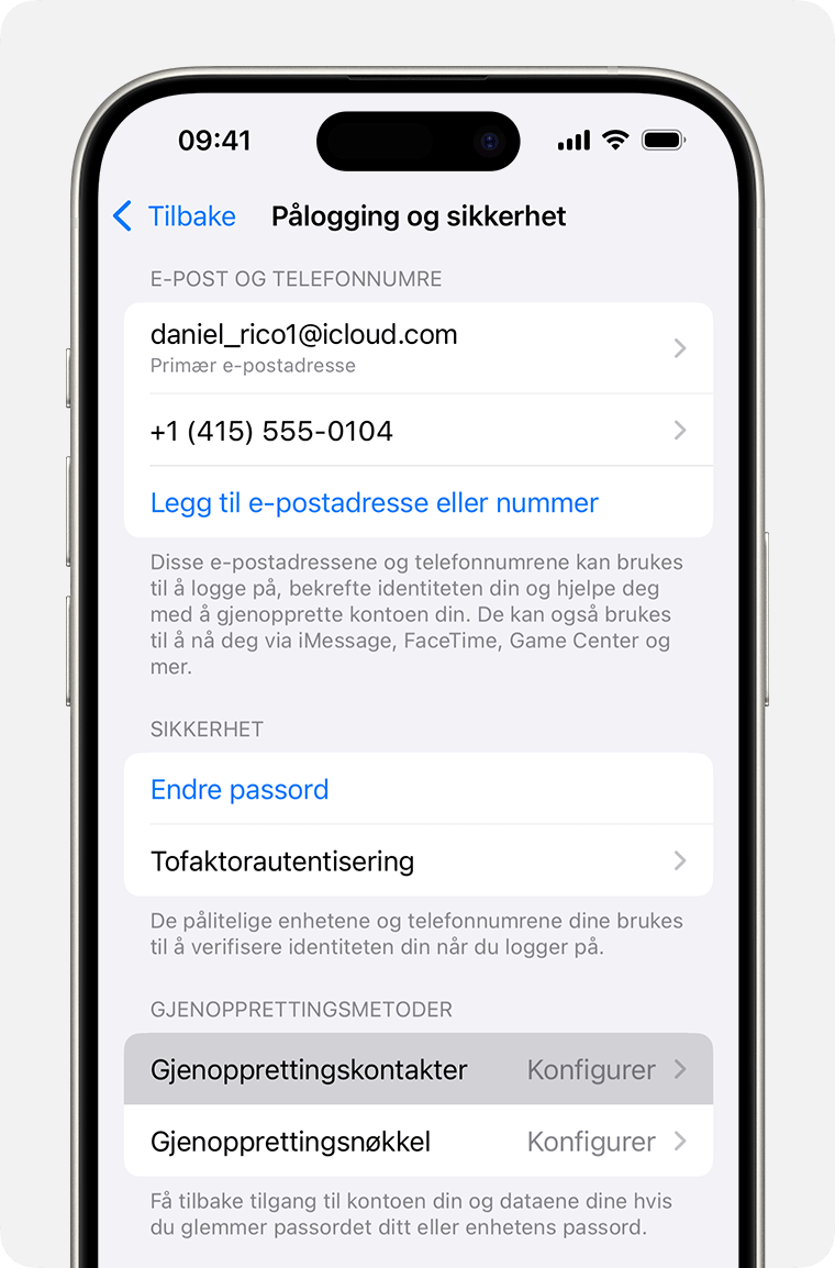 iPhone som viser Apple-kontoinnstillinger og hvordan du legger til en gjenopprettingskontakt