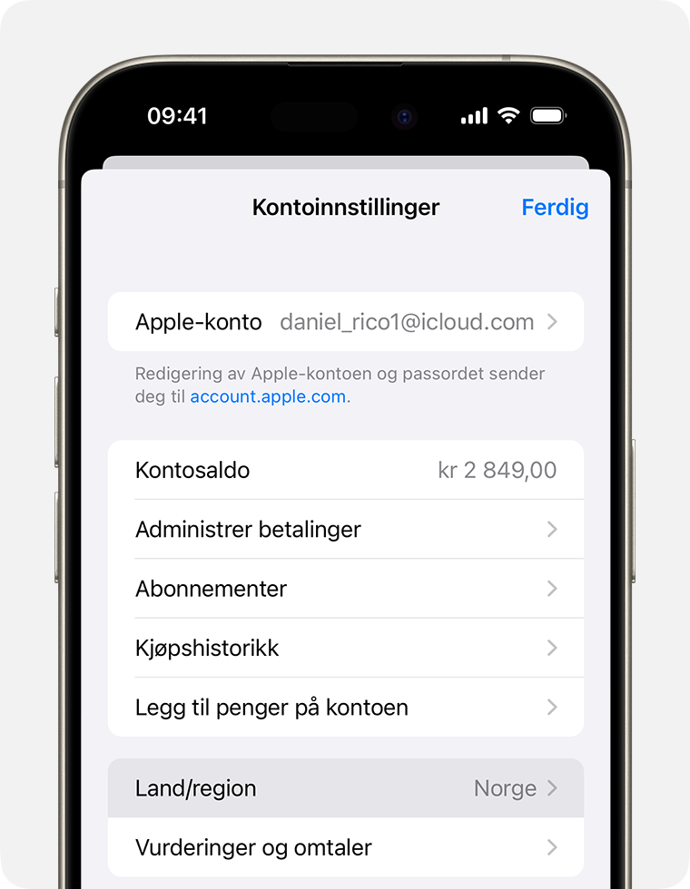 iPhone som viser land/region i kontoinnstillinger