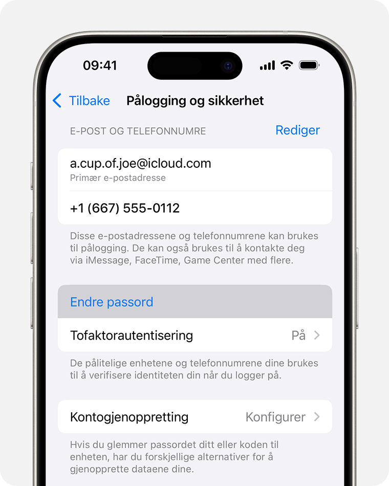 iPhone som viser knappen Endre passord i Innstillinger