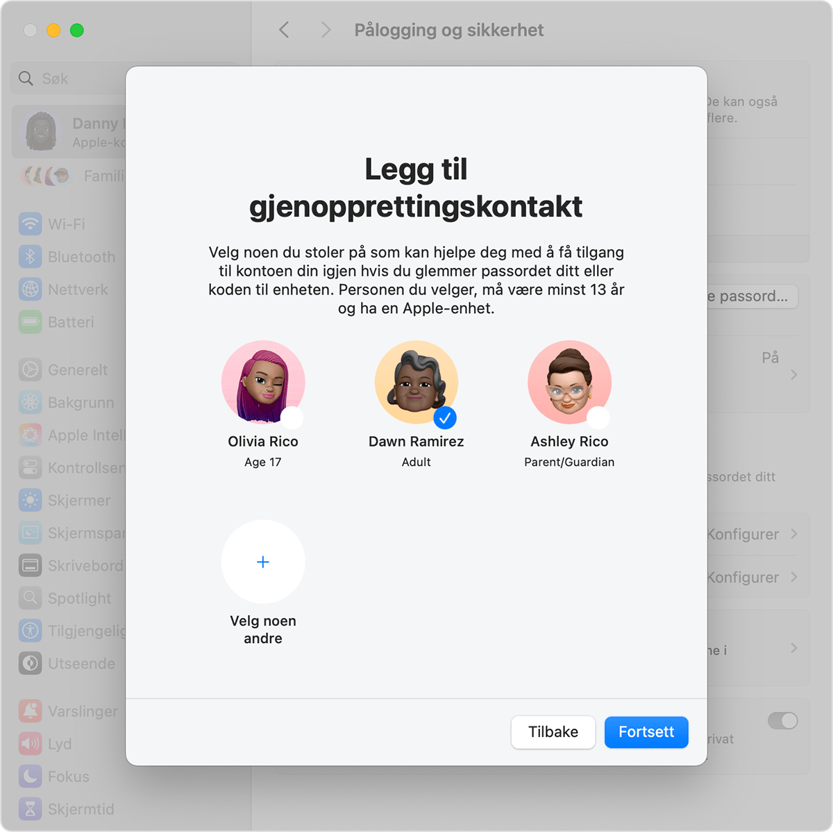 Mac som viser kontakter du kan legge til som gjenopprettingskontakt