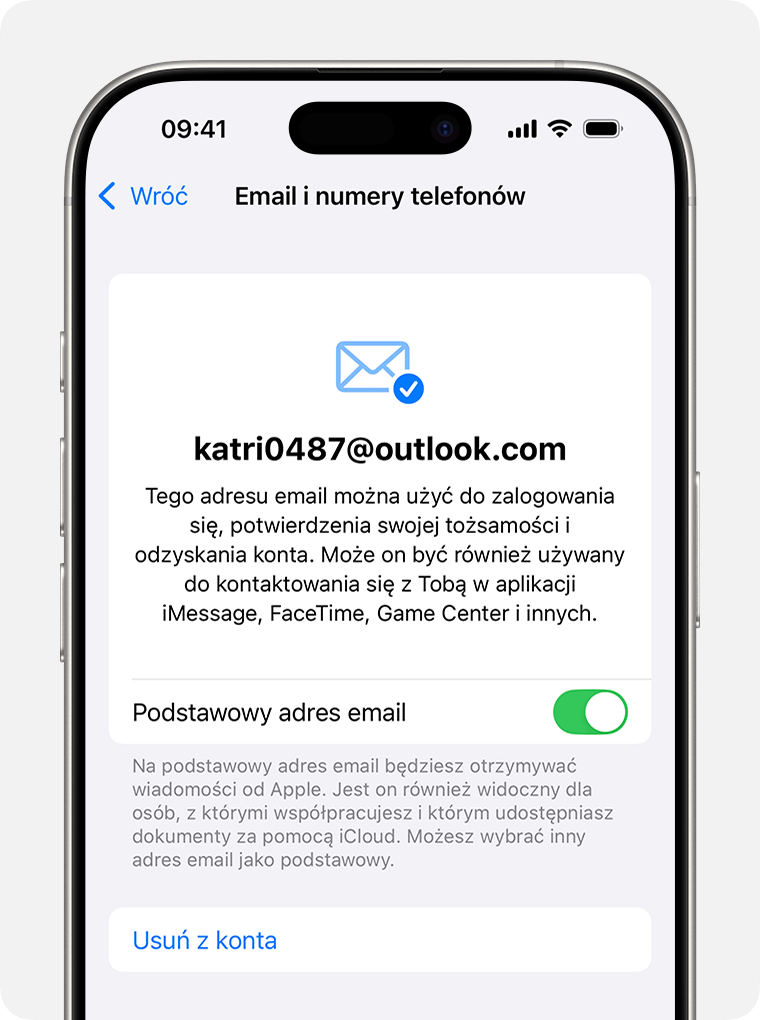 iPhone pokazujący ustawienia konta Apple i opcje zmiany podstawowego adresu e-mail