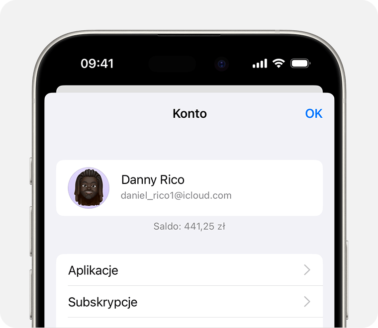 Ekran Konto w sklepie App Store na iOS z wyświetlonym saldem konta.