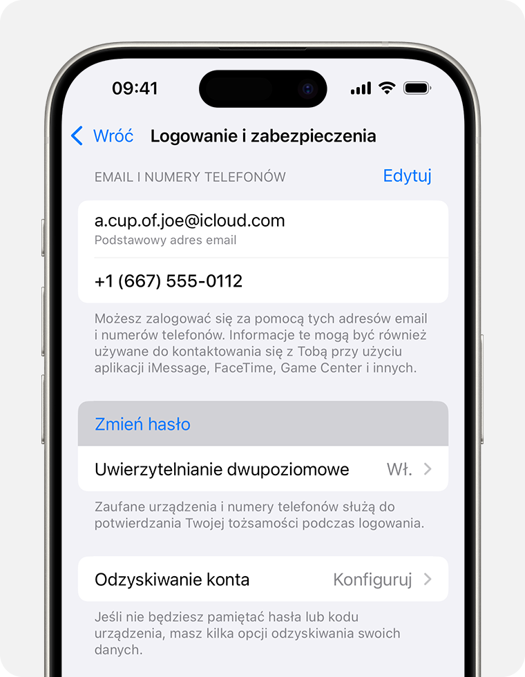 iPhone wyświetlający przycisk Zmień hasło w Ustawieniach