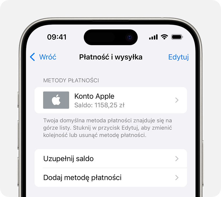 Ekran iPhone’a pokazujący ekran Płatność i wysyłka na koncie Apple. Aby dodać metodę płatności, stuknij opcję Dodaj metodę płatności.