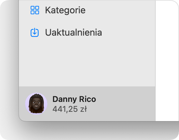 W sklepie App Store w systemie macOS saldo konta jest wyświetlane na dole paska bocznego.