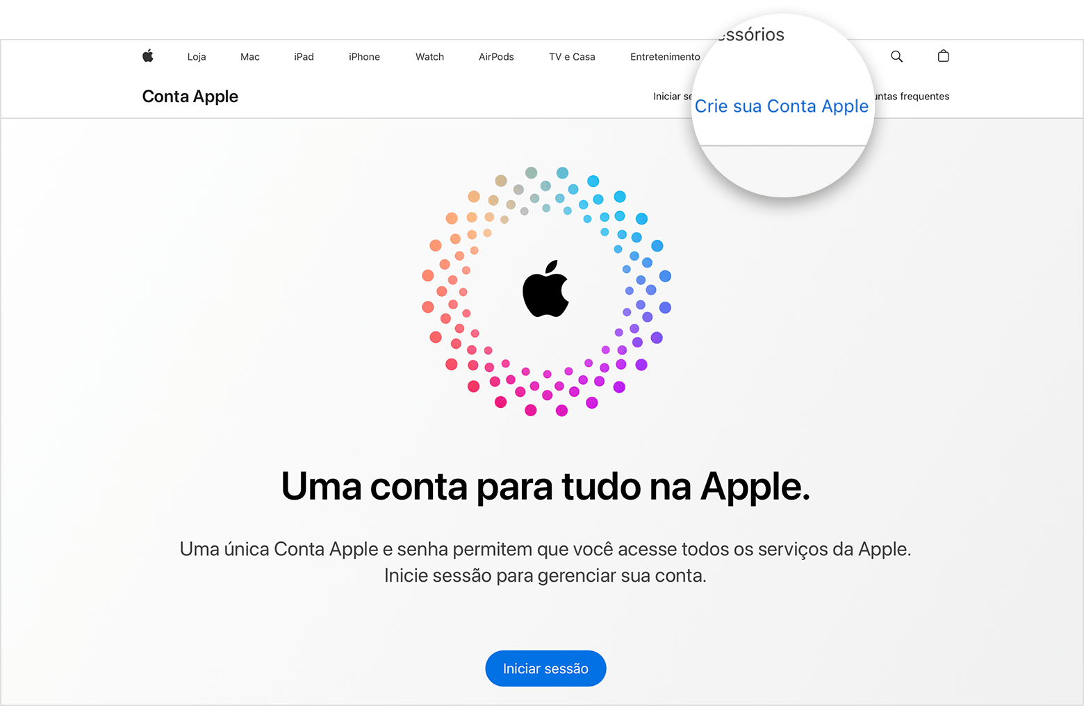 Tela de página da Internet mostrando o link Criar Sua Conta Apple