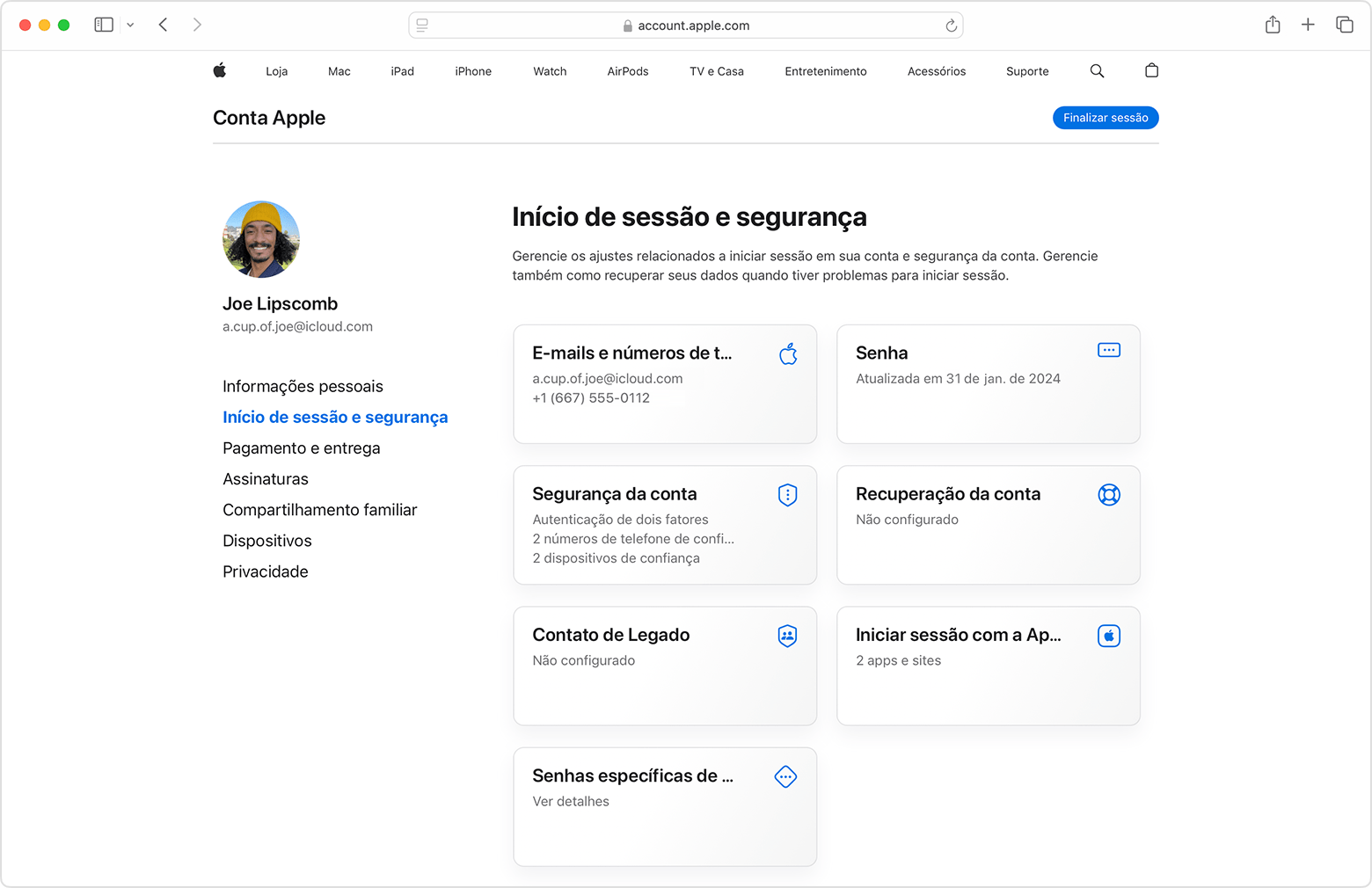 Página Conta Apple na web mostrando a seção "Início de Sessão e Segurança"