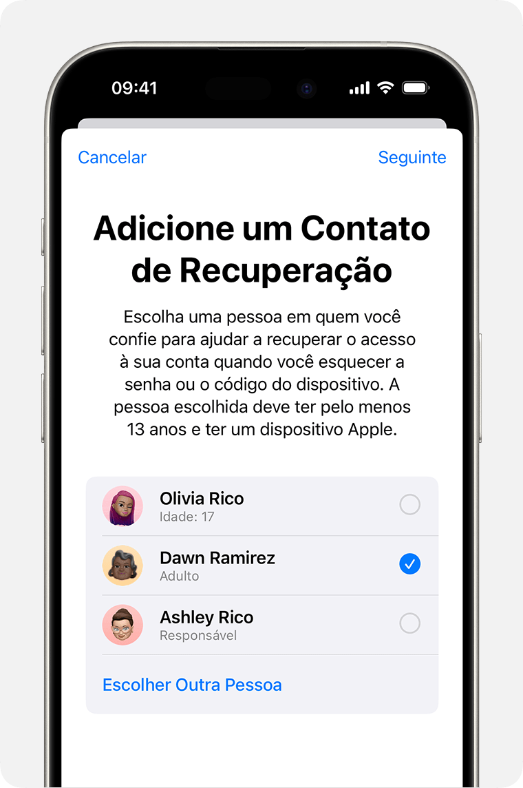 iPhone mostrando contatos que você pode adicionar como um contato de recuperação