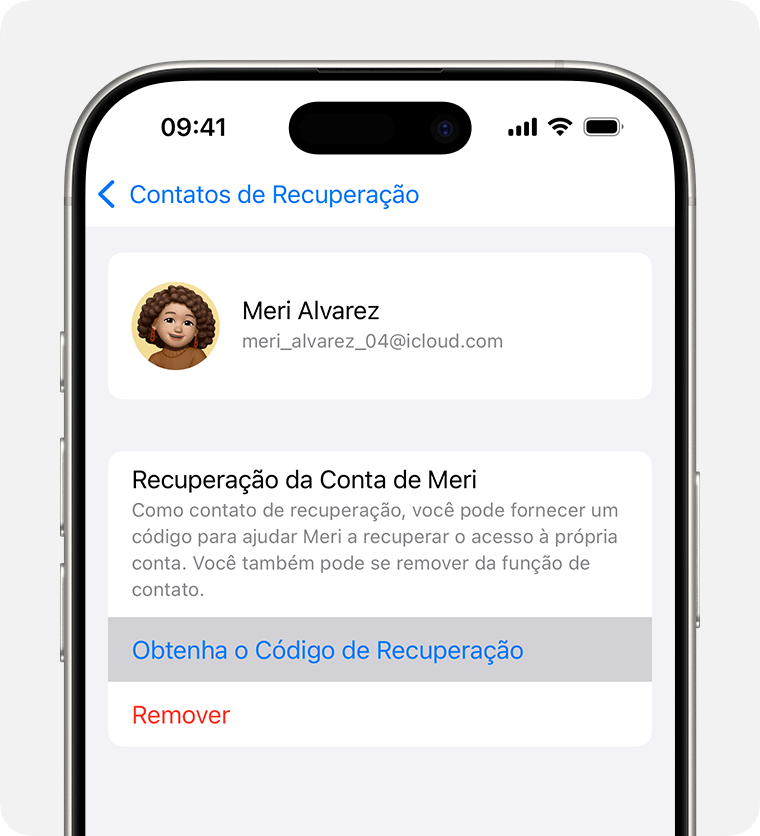 No iPhone, obtenha um código de recuperação para ajudar um amigo ou familiar a recuperar o acesso à conta.