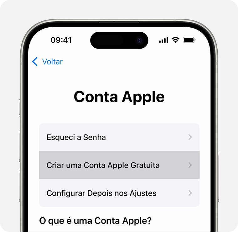 Tela do iPhone mostrando a opção de selecionar Criar uma Conta Apple Gratuita