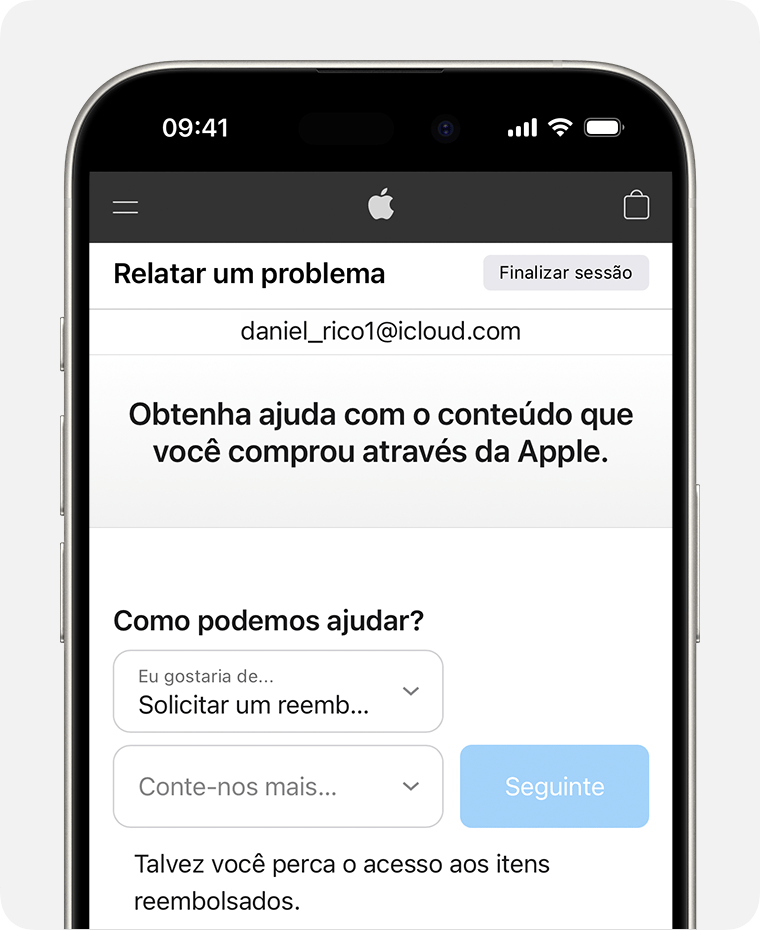 iPhone mostrando o site Relatar um problema, onde você pode solicitar um reembolso. Depois de selecionar "Solicitar um reembolso", escolha o motivo pelo qual você está solicitando o reembolso.