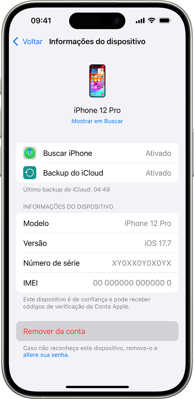 iPhone mostrando o botão Remover da conta para um dispositivo