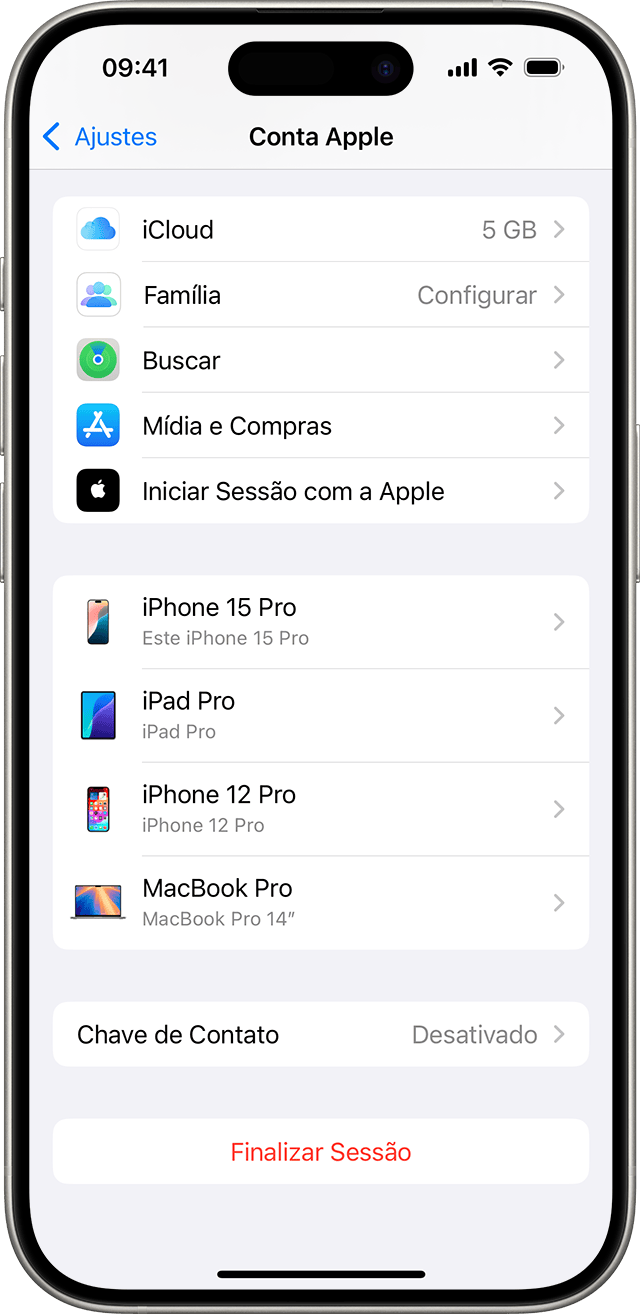 Ajustes do iPhone mostrando uma lista de dispositivos