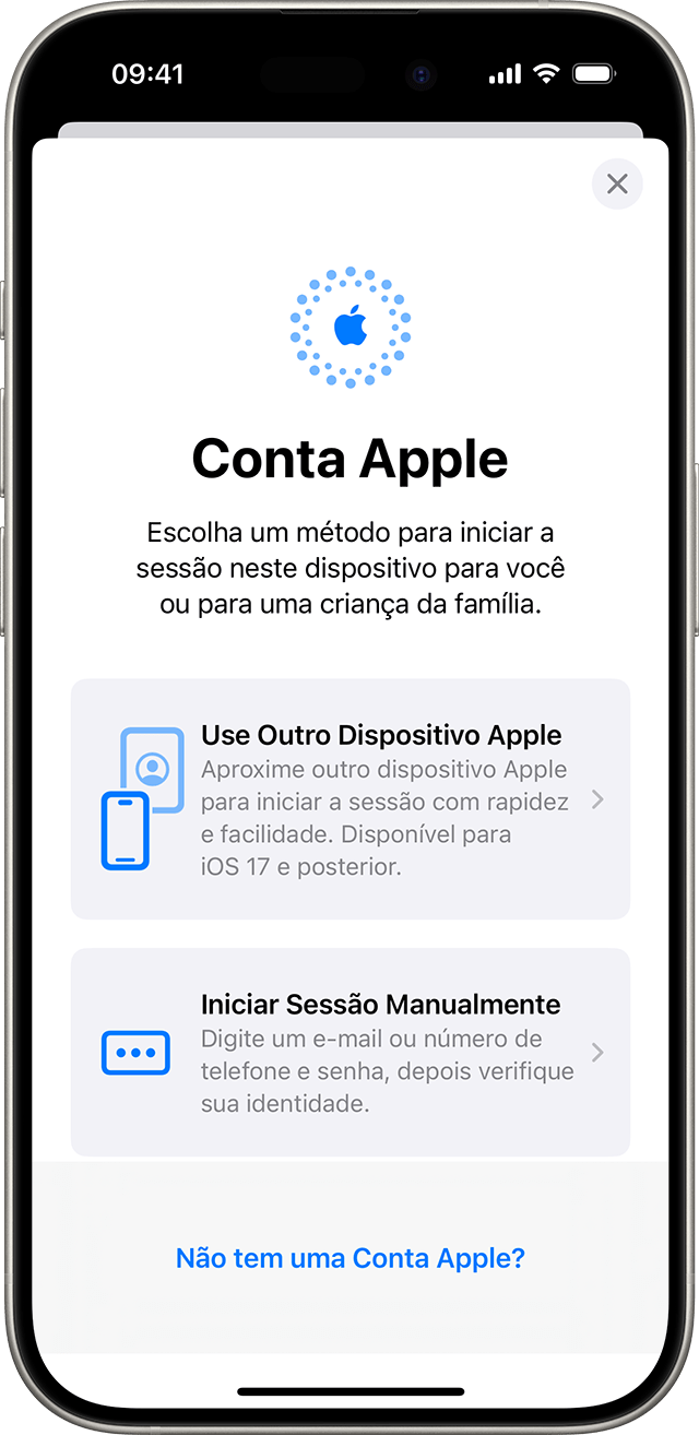 nos ajustes do iPhone, você pode iniciar sessão manualmente com a Conta Apple ou usar outro dispositivo Apple.