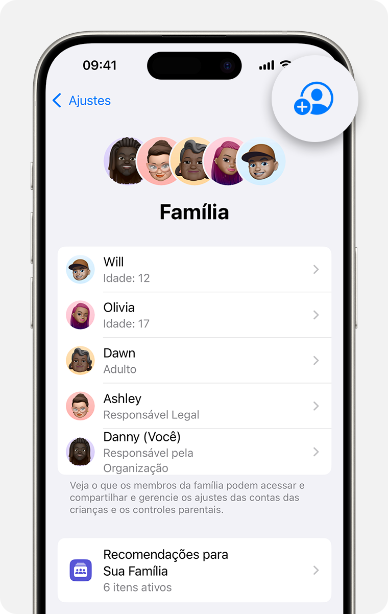 Ajustes do iPhone mostrando os ajustes de Família, com o botão Adicionar Usuário destacado