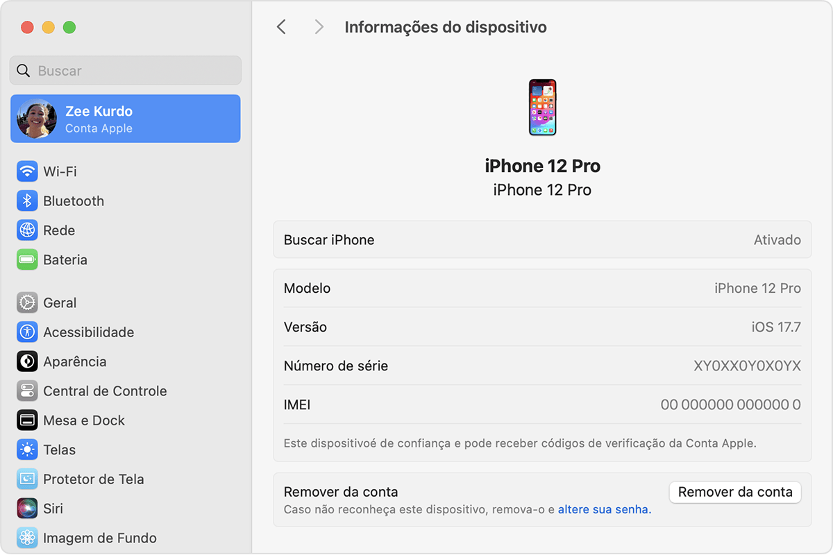 Ajustes do Sistema do Mac mostrando o botão Remover da conta para um dispositivo