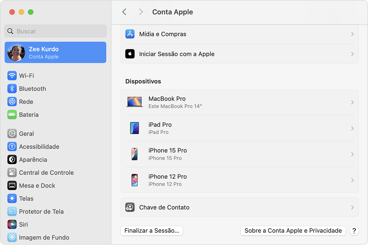 Ajustes do Sistema Mac mostrando uma lista de dispositivos