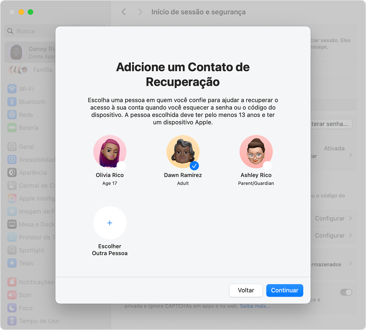 Mac mostrando contatos que você pode adicionar como um contato de recuperação