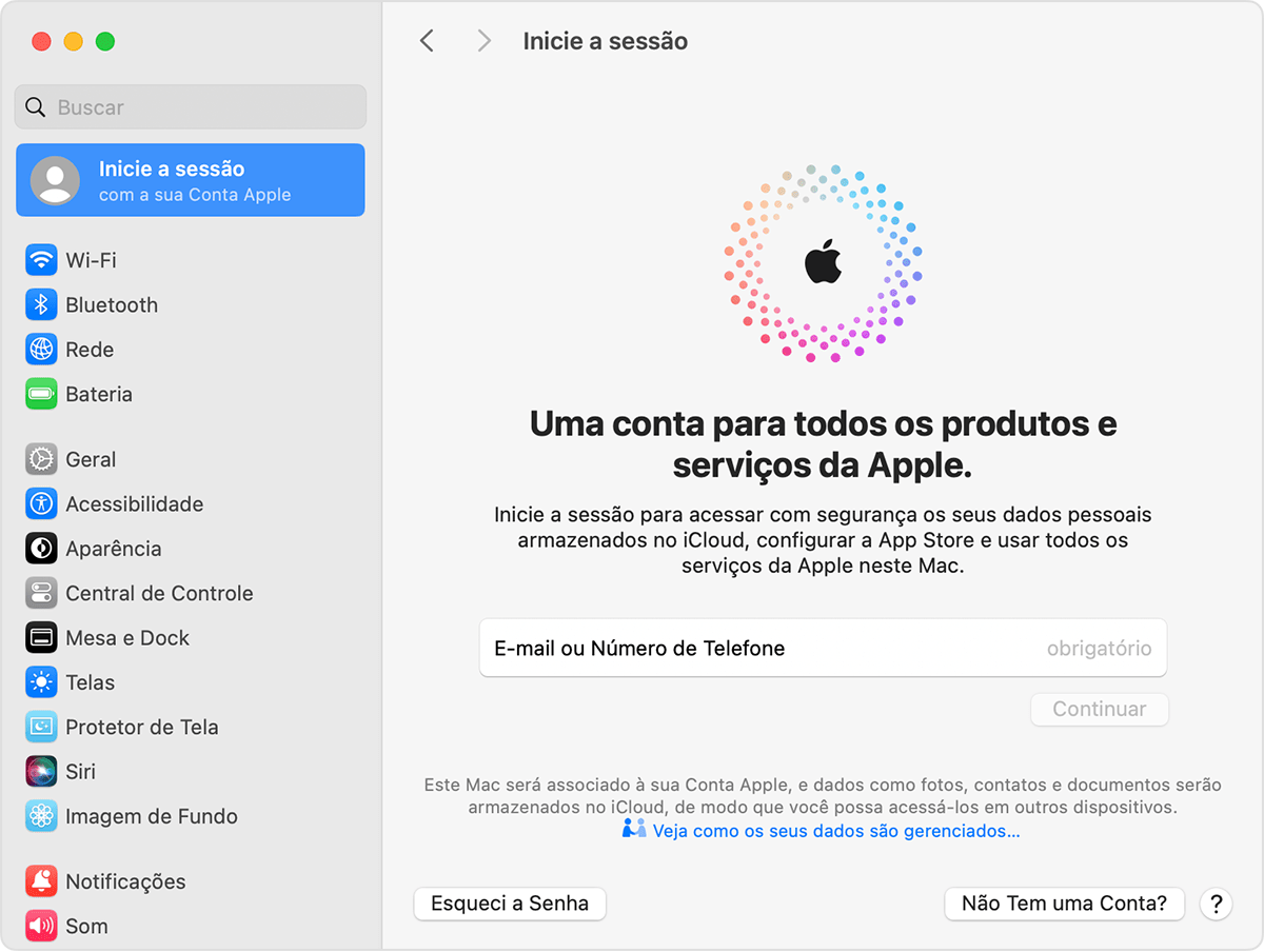 Tela do Mac mostrando o botão para Não tem uma conta?