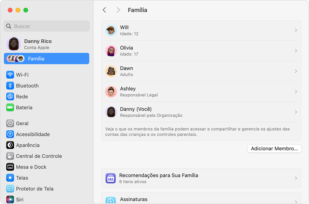 Tela do macOS mostrando as etapas para adicionar um membro ao seu Grupo de Compartilhamento Familiar.